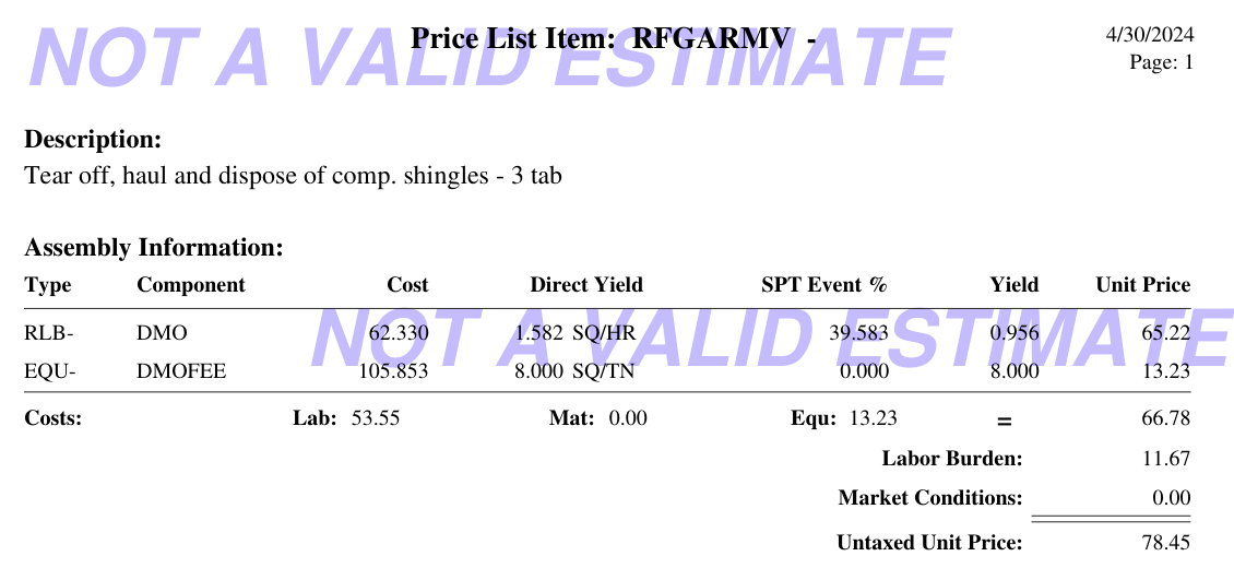 Xactimate RFGARMV sample showing the DMO labor component, yield and unit price.